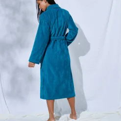 Badjas<Colombine Unisex badjas voor volwassenen, veloursbadstof met sjaalkraag pauwblauw