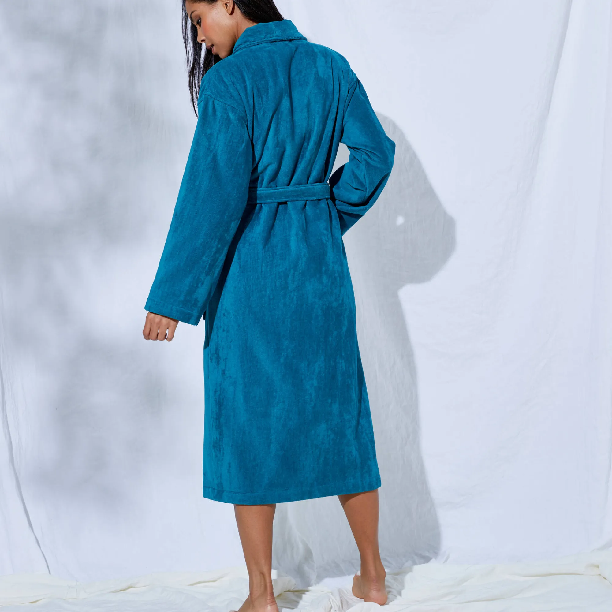 Badjas<Colombine Unisex badjas voor volwassenen, veloursbadstof met sjaalkraag pauwblauw