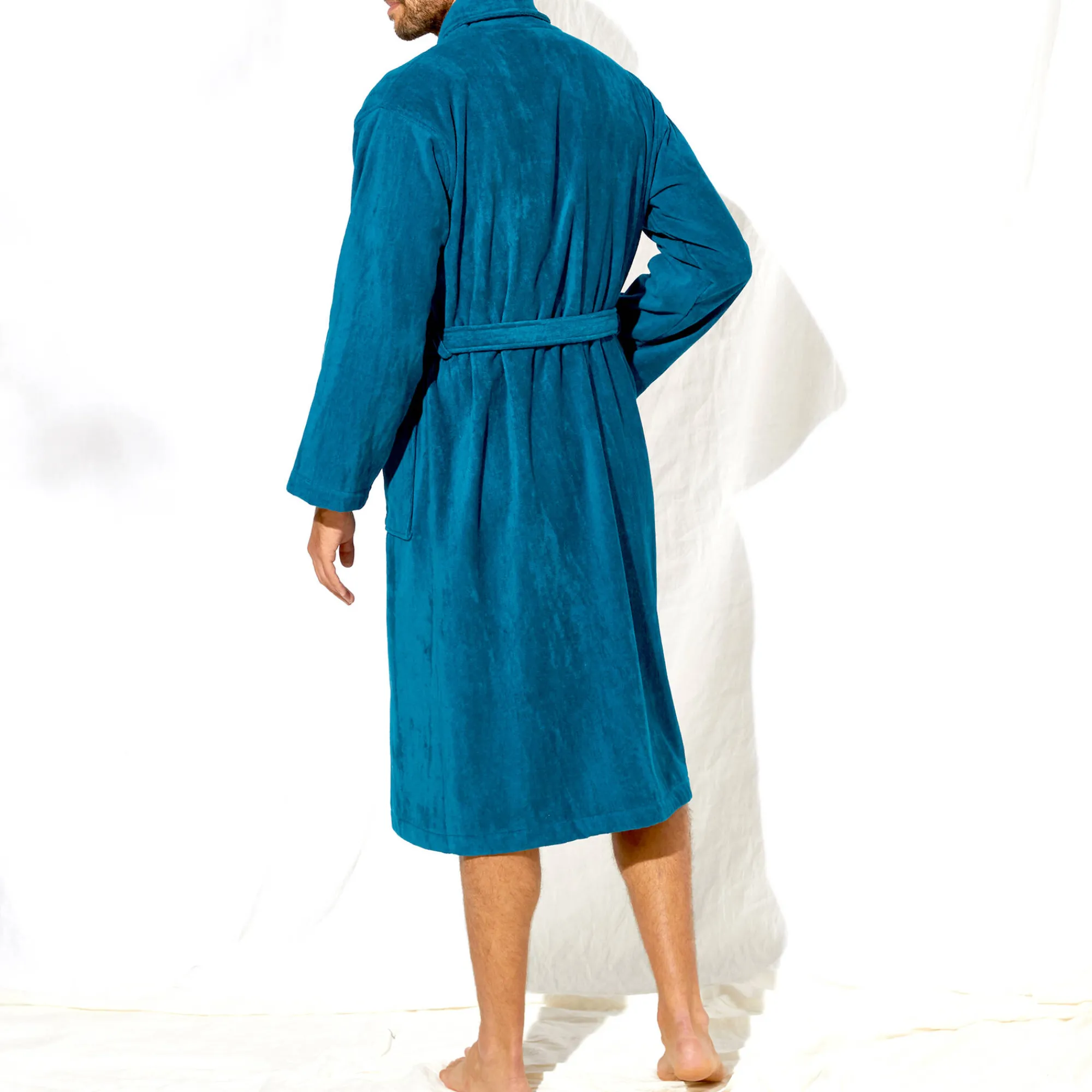 Badjas<Colombine Unisex badjas voor volwassenen, veloursbadstof met sjaalkraag pauwblauw