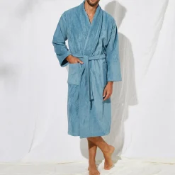 Badjas<Colombine Unisex badjas voor volwassenen, veloursbadstof met sjaalkraag jeansblauw