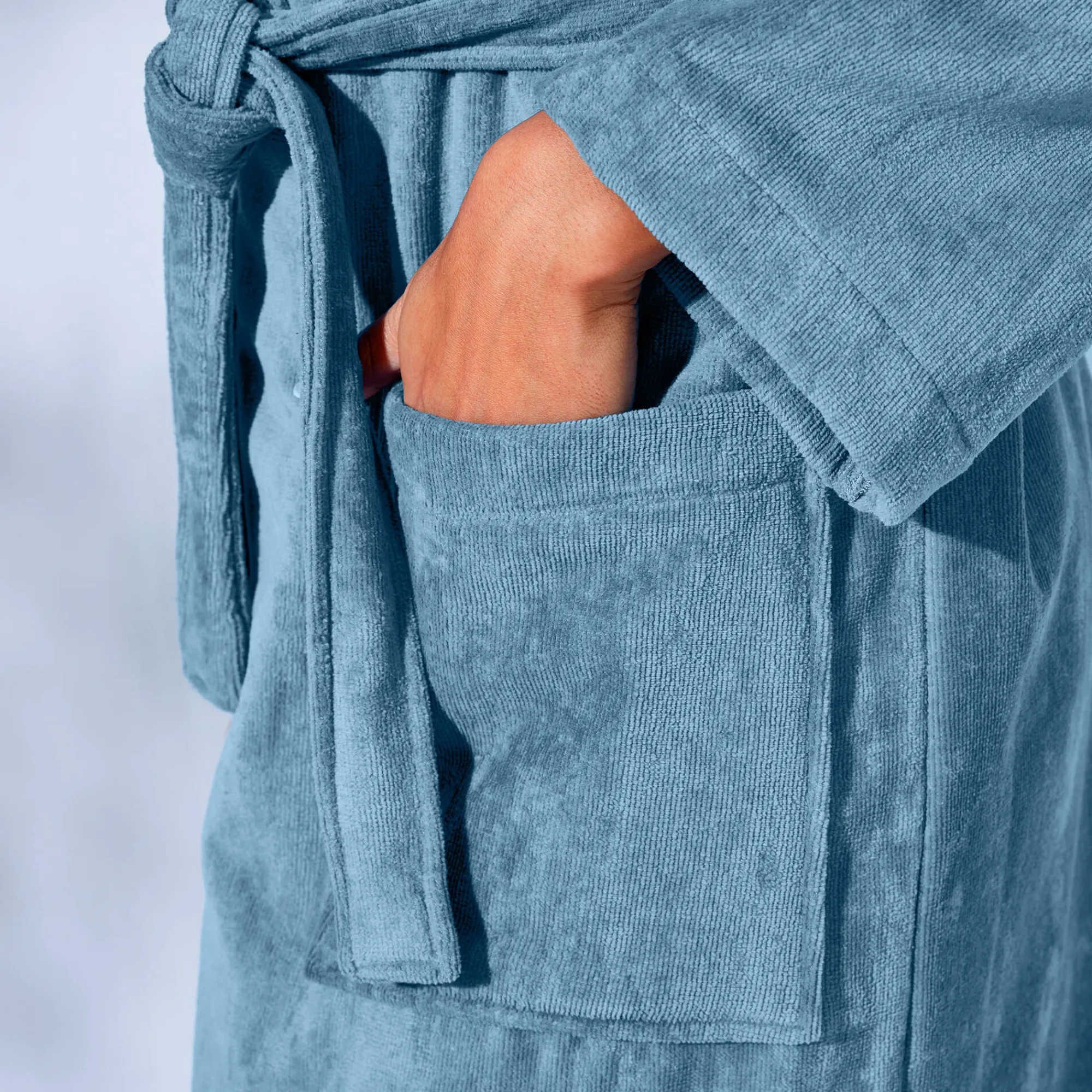 Badjas<Colombine Unisex badjas voor volwassenen, veloursbadstof met sjaalkraag jeansblauw
