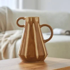 Decoratieartikel<Blancheporte Vaas in aardewerk, gekleurde strepen, 2 handvatten karamel/wit