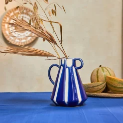 Decoratieartikel<Blancheporte Vaas in aardewerk, gekleurde strepen, 2 handvatten blauw/wit