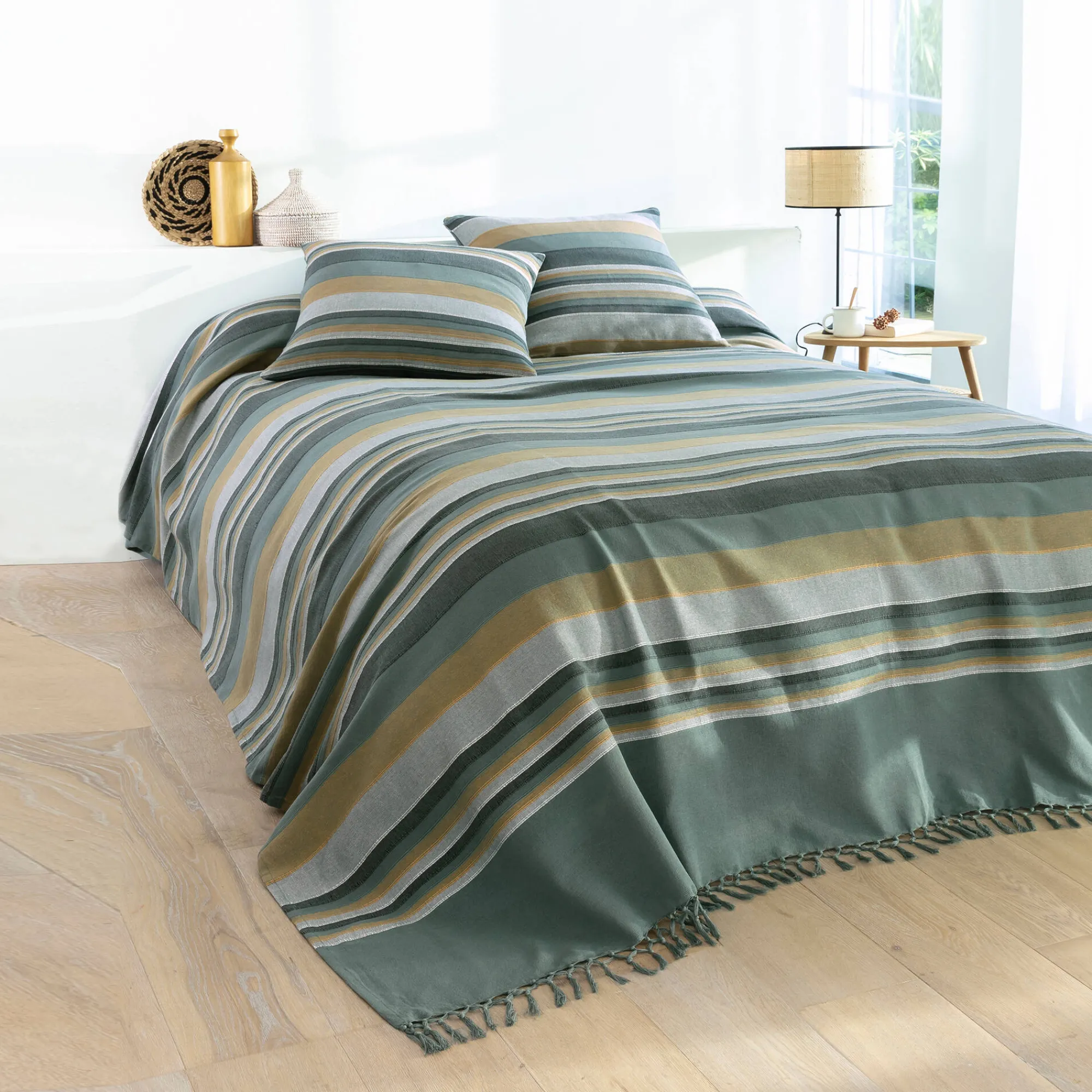 Zeildoekstof<Blancheporte Veelkleurig artisanaal geweven sprei of plaid grijsgroen