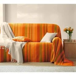 Zeildoekstof<Blancheporte Veelkleurig artisanaal geweven sprei of plaid oranje