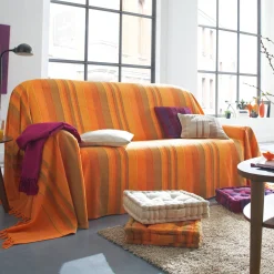 Zeildoekstof<Blancheporte Veelkleurig artisanaal geweven sprei of plaid oranje