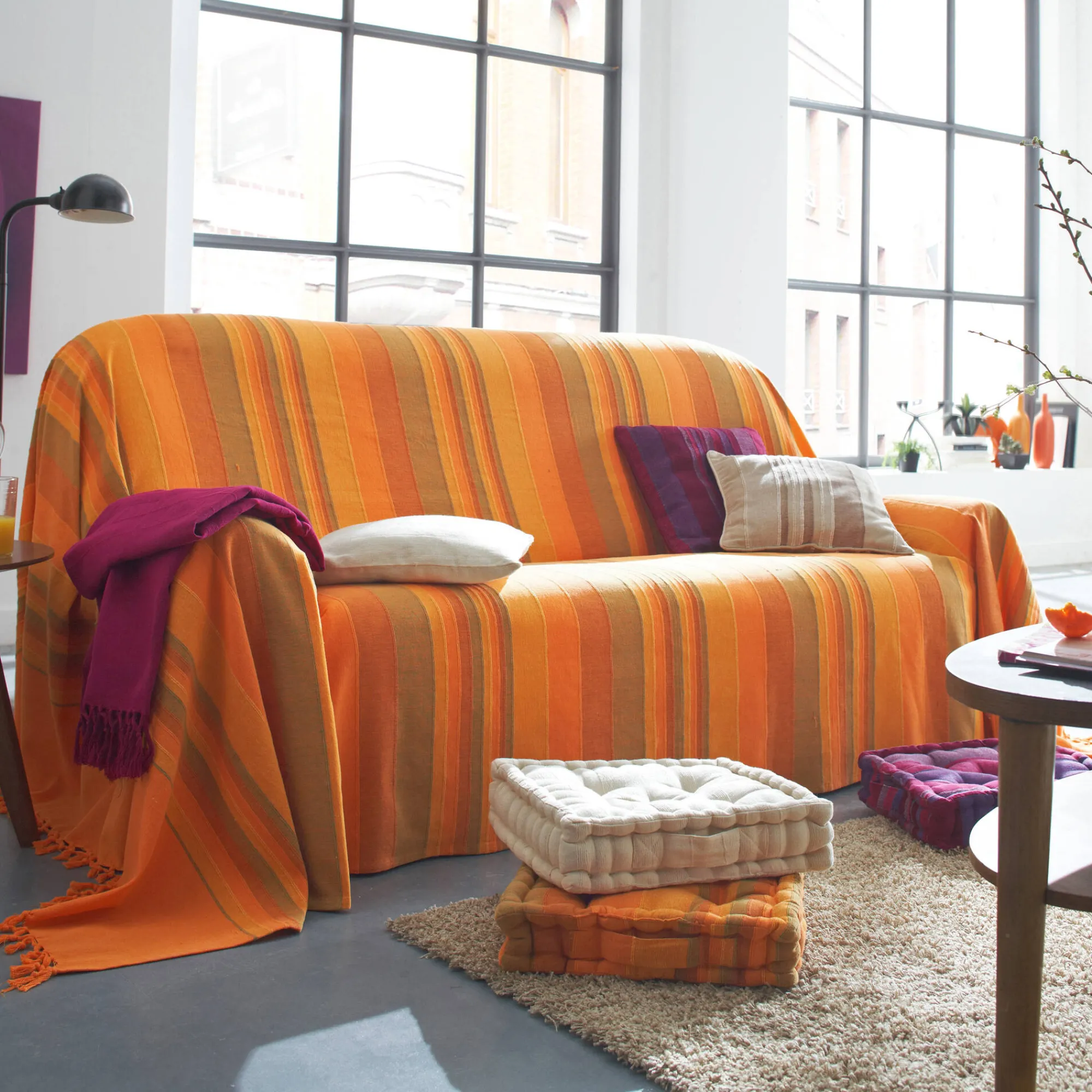 Zeildoekstof<Blancheporte Veelkleurig artisanaal geweven sprei of plaid oranje