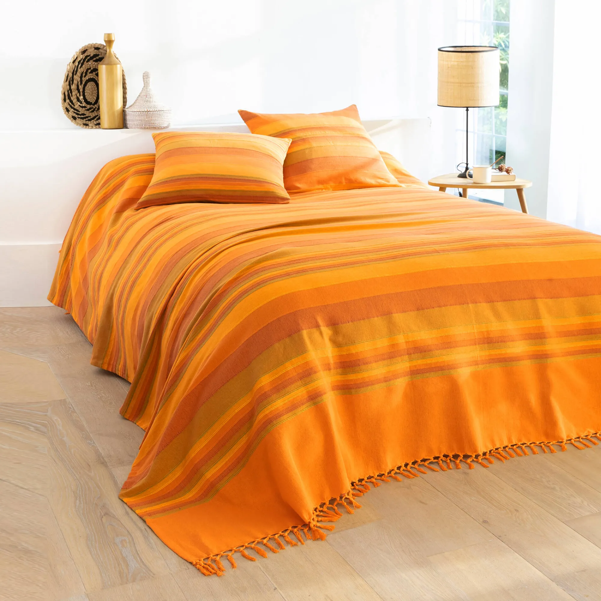 Zeildoekstof<Blancheporte Veelkleurig artisanaal geweven sprei of plaid oranje