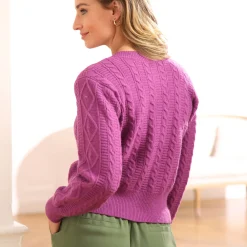 Trui En Vest<Blancheporte Vest in fantasietricot met kabelmotieven, knoopsluiting paars