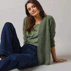 Trui En Vest<Lora Zellini Vest in harig tricot, detail in macramé groen