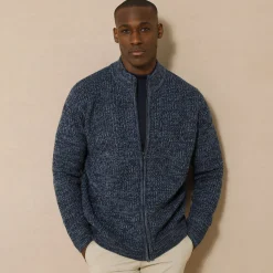 Trui En Vest<Blancheporte Vest in patenttricot met rits, 30% wol gespikkeld blauw