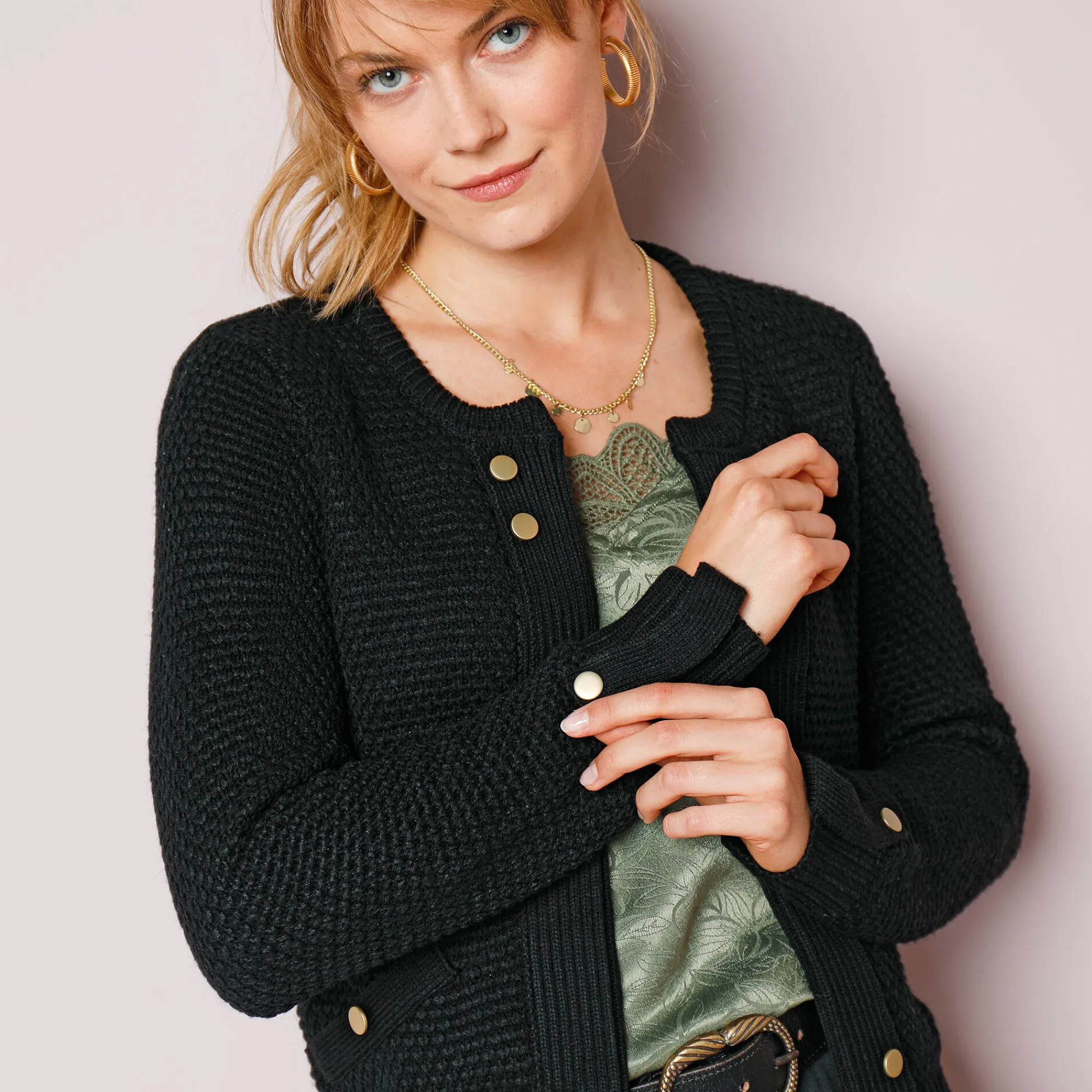 Feestoutfits Dames|Trui En Vest<Blancheporte Vest in tricot met goudkleurige knopen zwart