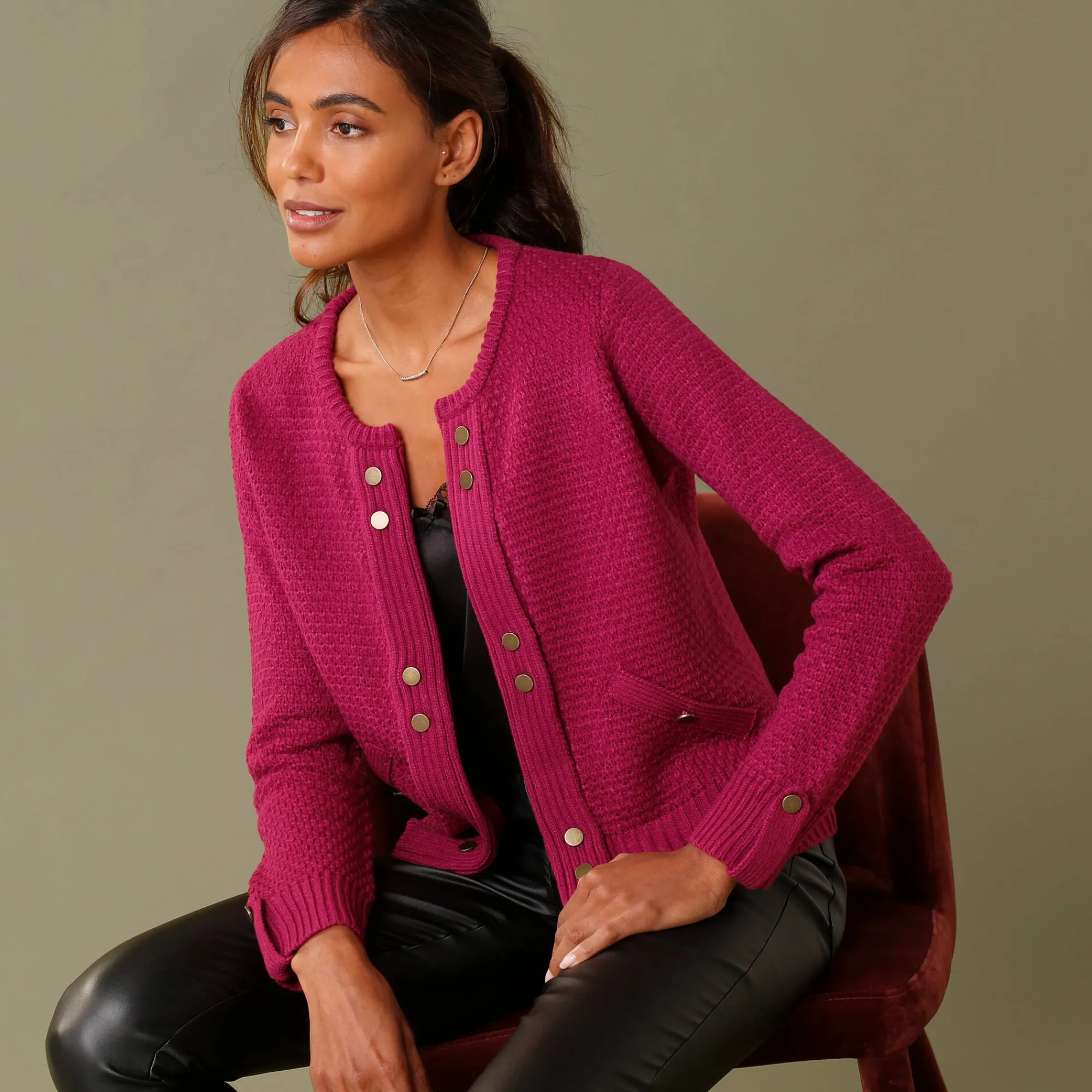 Trui En Vest<Blancheporte Vest in tricot met goudkleurige knopen violine