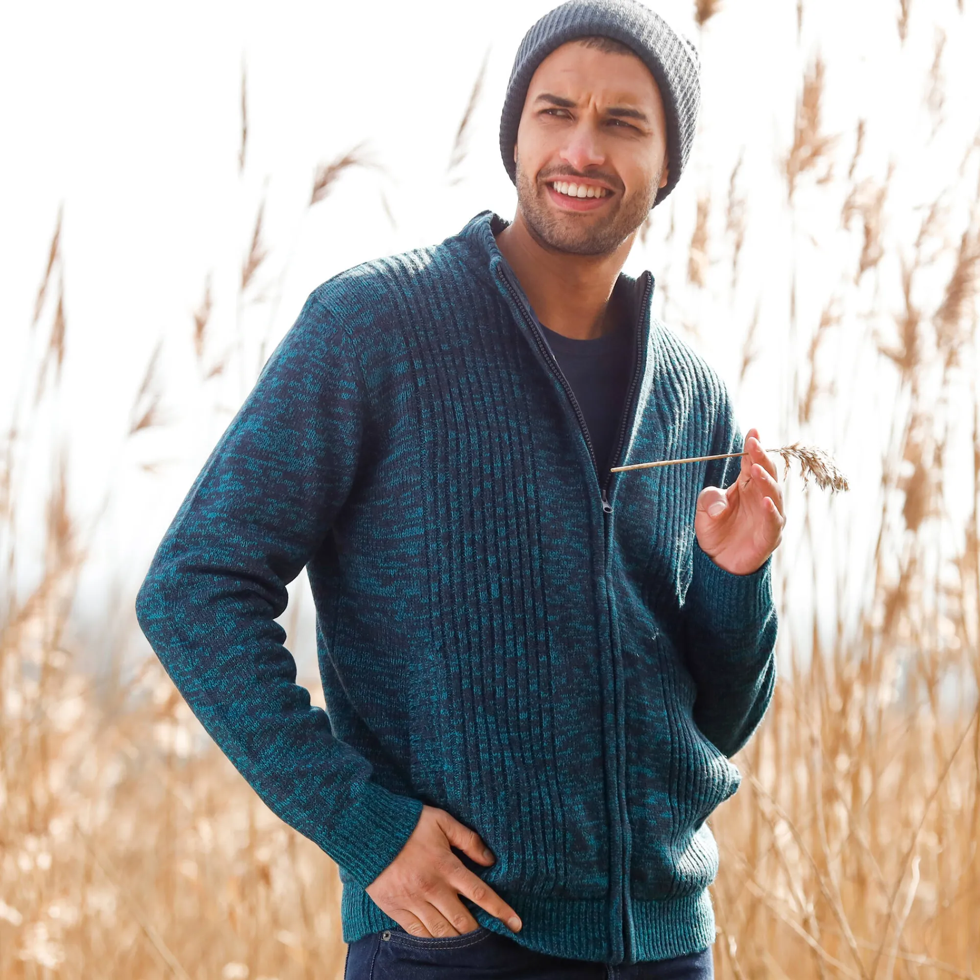 Trui En Vest<Blancheporte Vest in tricot met opstaande ritskraag, lijfje met fleecevoering gespikkeld eendenblauw