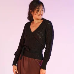 Trui En Vest<Blancheporte Vest in wikkelstijl met ajour en lange mouwen zwart