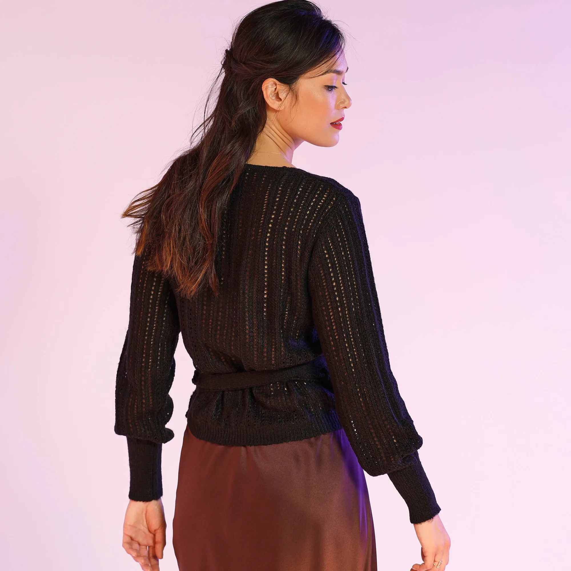 Trui En Vest<Blancheporte Vest in wikkelstijl met ajour en lange mouwen zwart