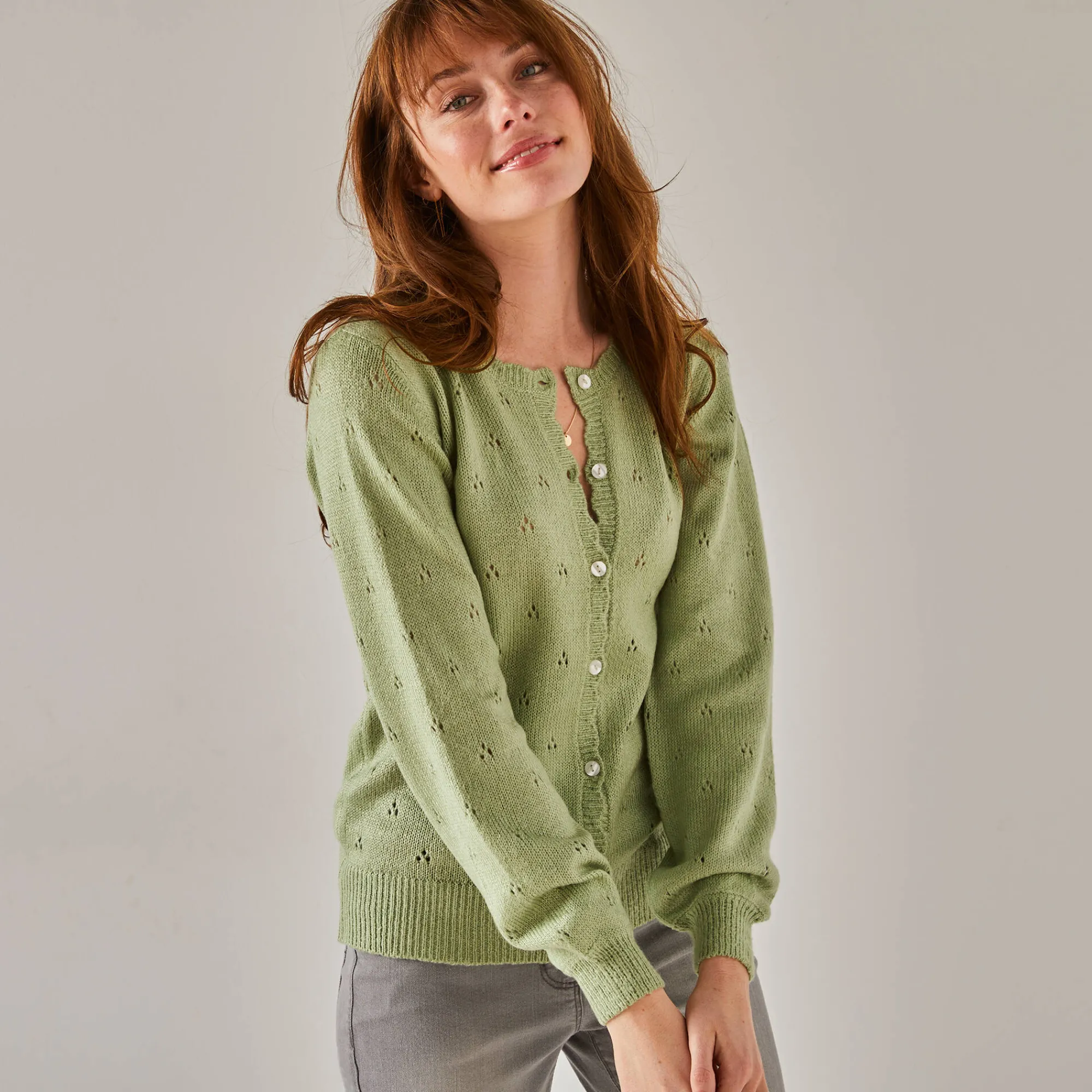 Trui En Vest<Blancheporte Vest met knoopsluiting en geschulpte afwerking, pointelletricot met mohairtouch watergroen
