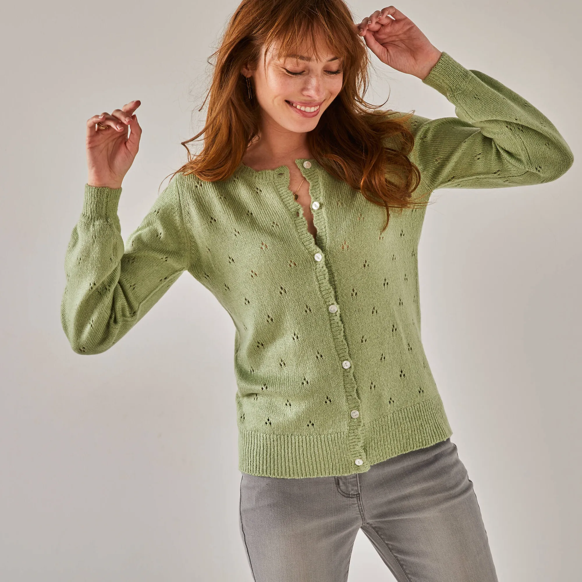Trui En Vest<Blancheporte Vest met knoopsluiting en geschulpte afwerking, pointelletricot met mohairtouch watergroen