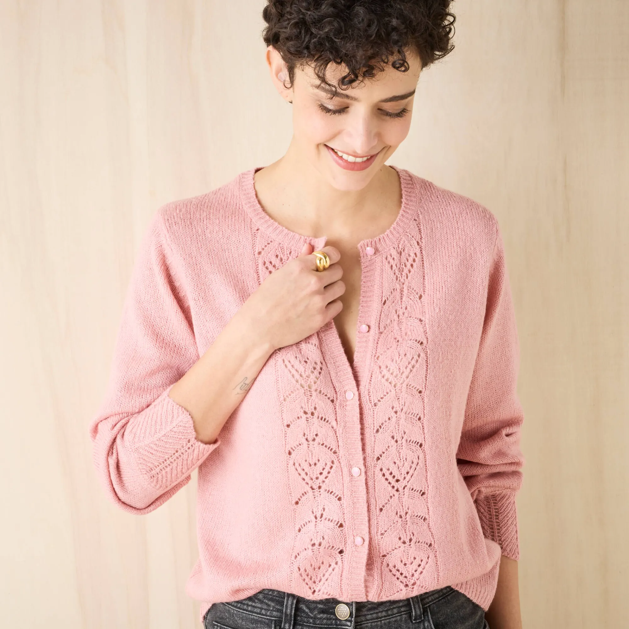 Trui En Vest<Blancheporte Vest met knopen, ajourtricot grijsroze