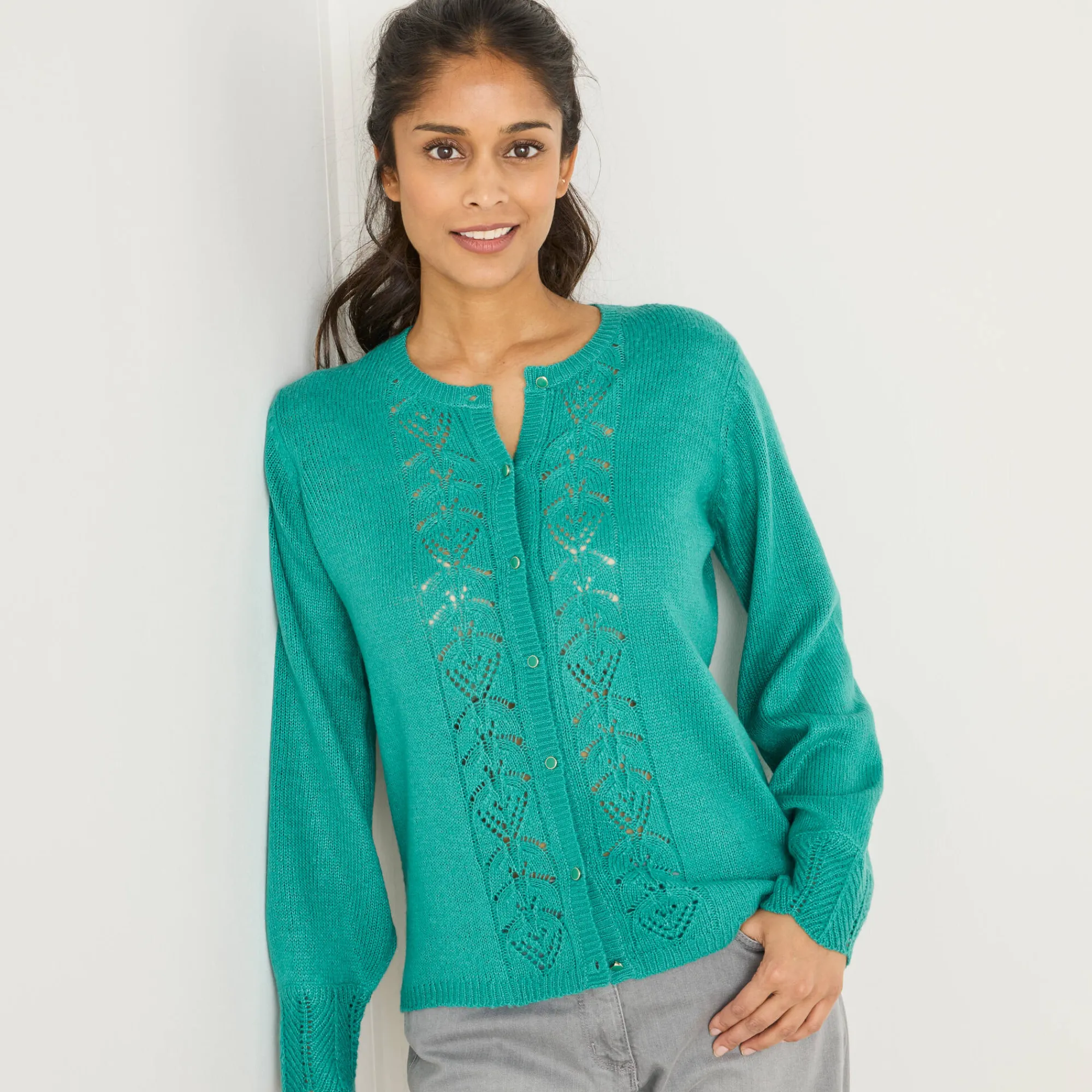 Trui En Vest<Blancheporte Vest met knopen, ajourtricot muntgroen
