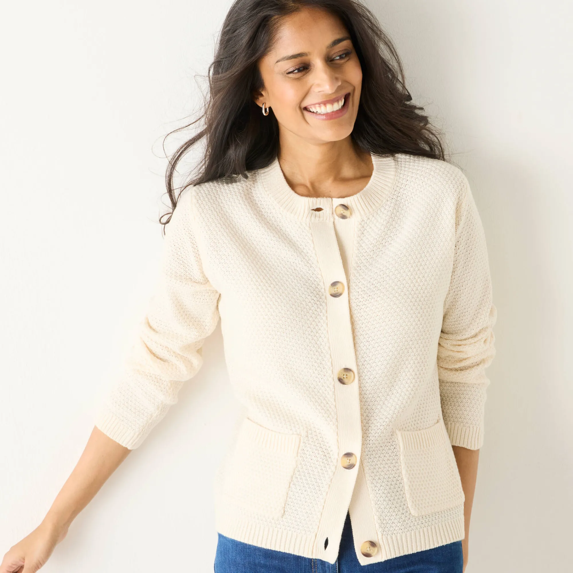 Trui En Vest<Blancheporte Vest met knopen en lange mouwen, fantasietricot ecru