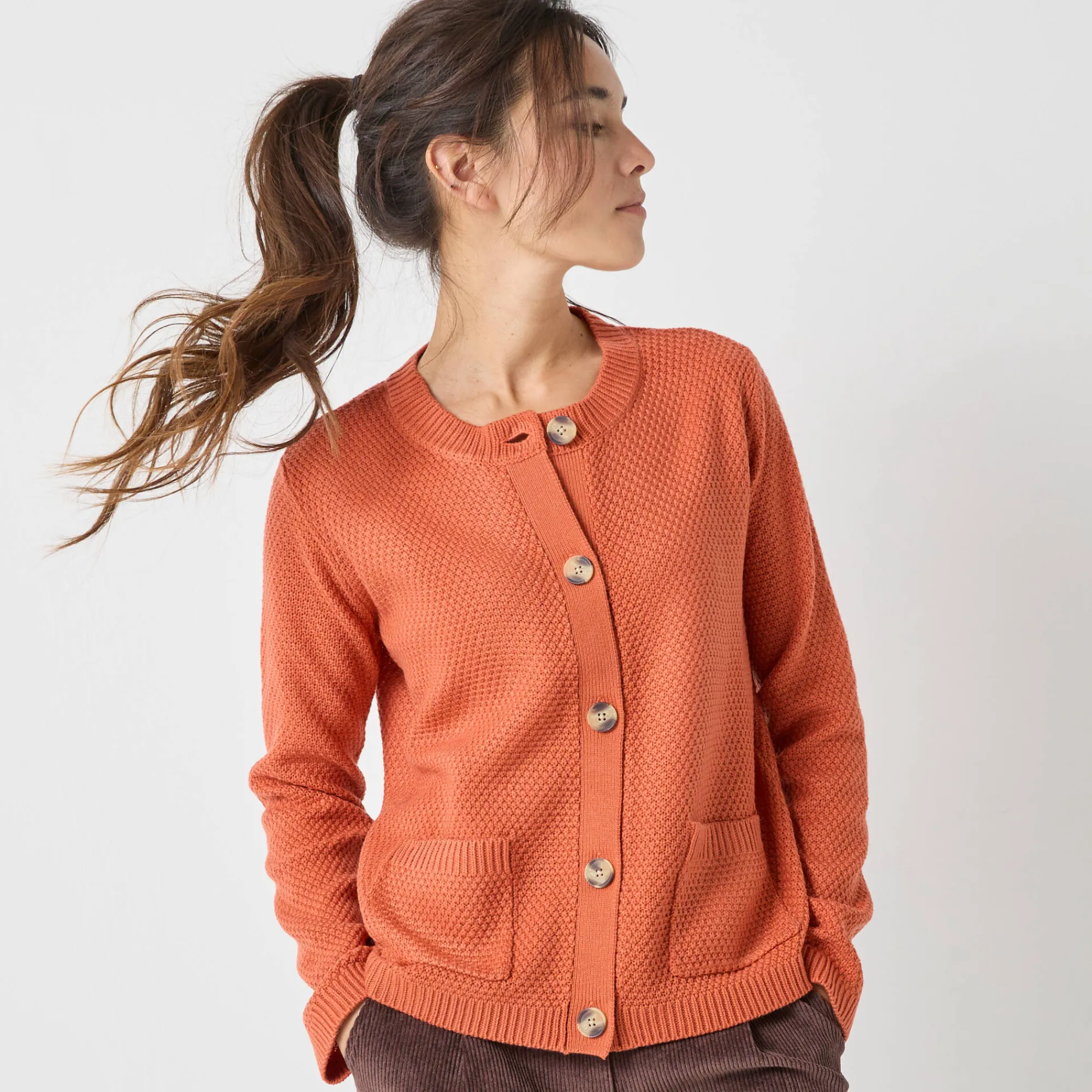 Trui En Vest<Blancheporte Vest met knopen en lange mouwen, fantasietricot donkeroranje