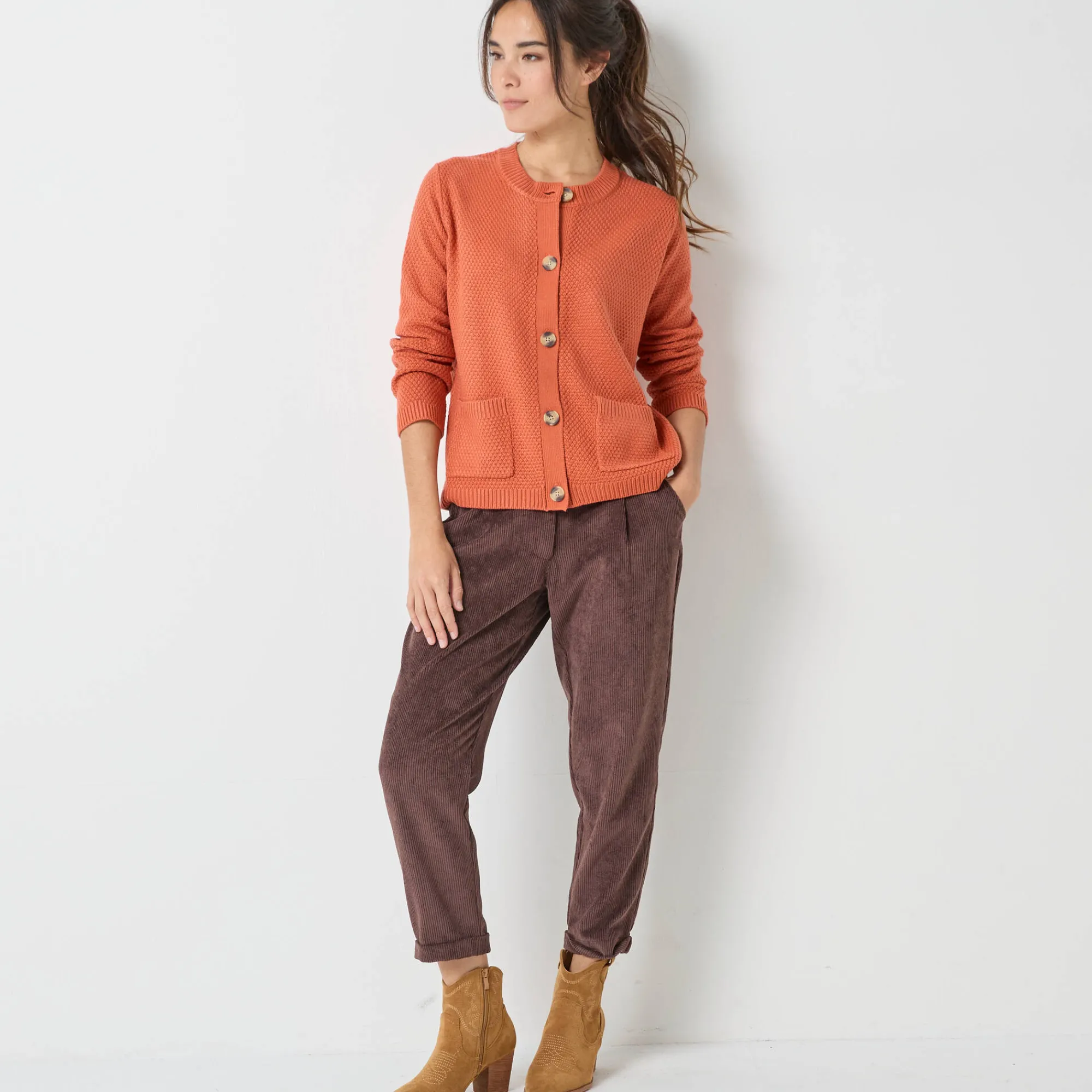 Trui En Vest<Blancheporte Vest met knopen en lange mouwen, fantasietricot donkeroranje