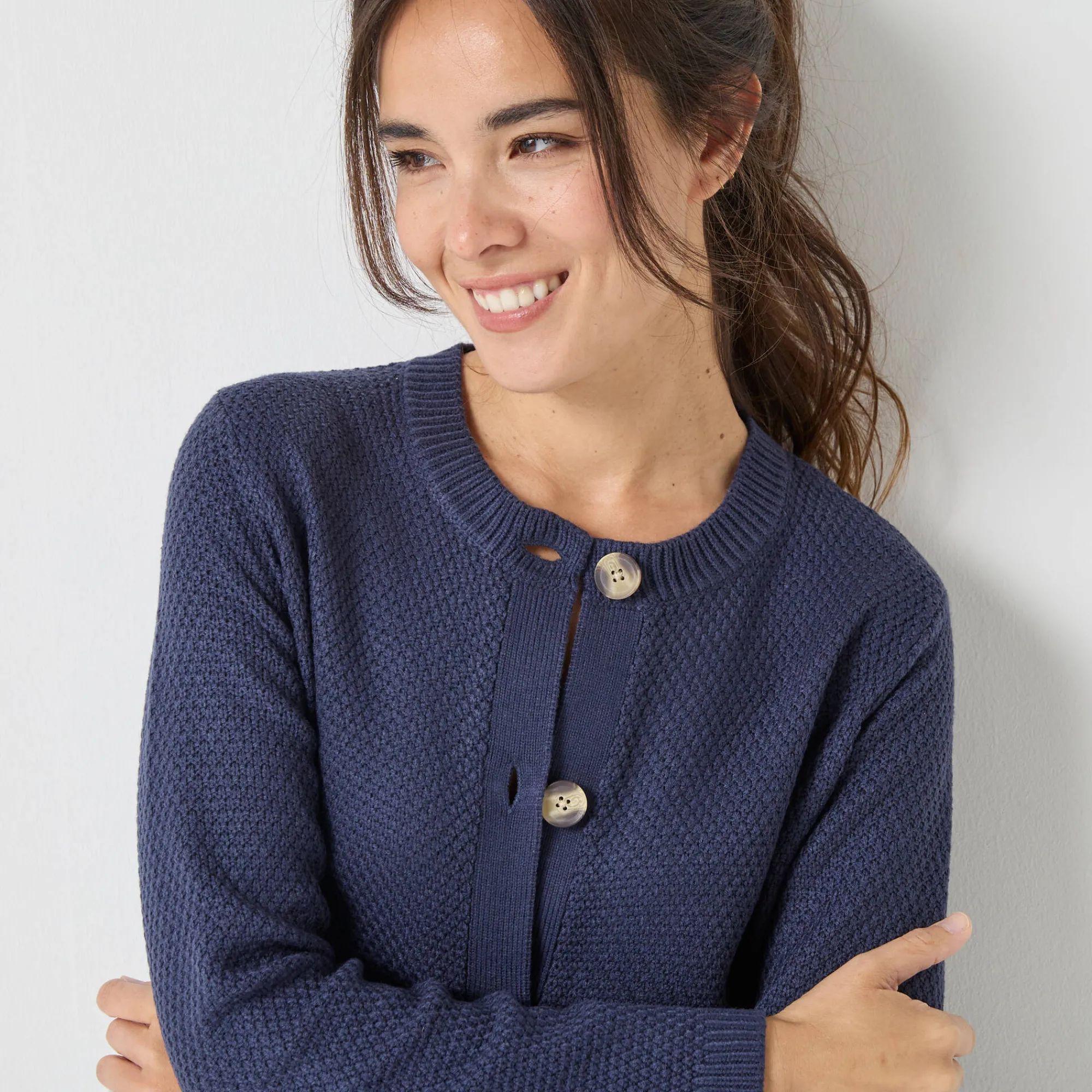 Trui En Vest<Blancheporte Vest met knopen en lange mouwen, fantasietricot marine