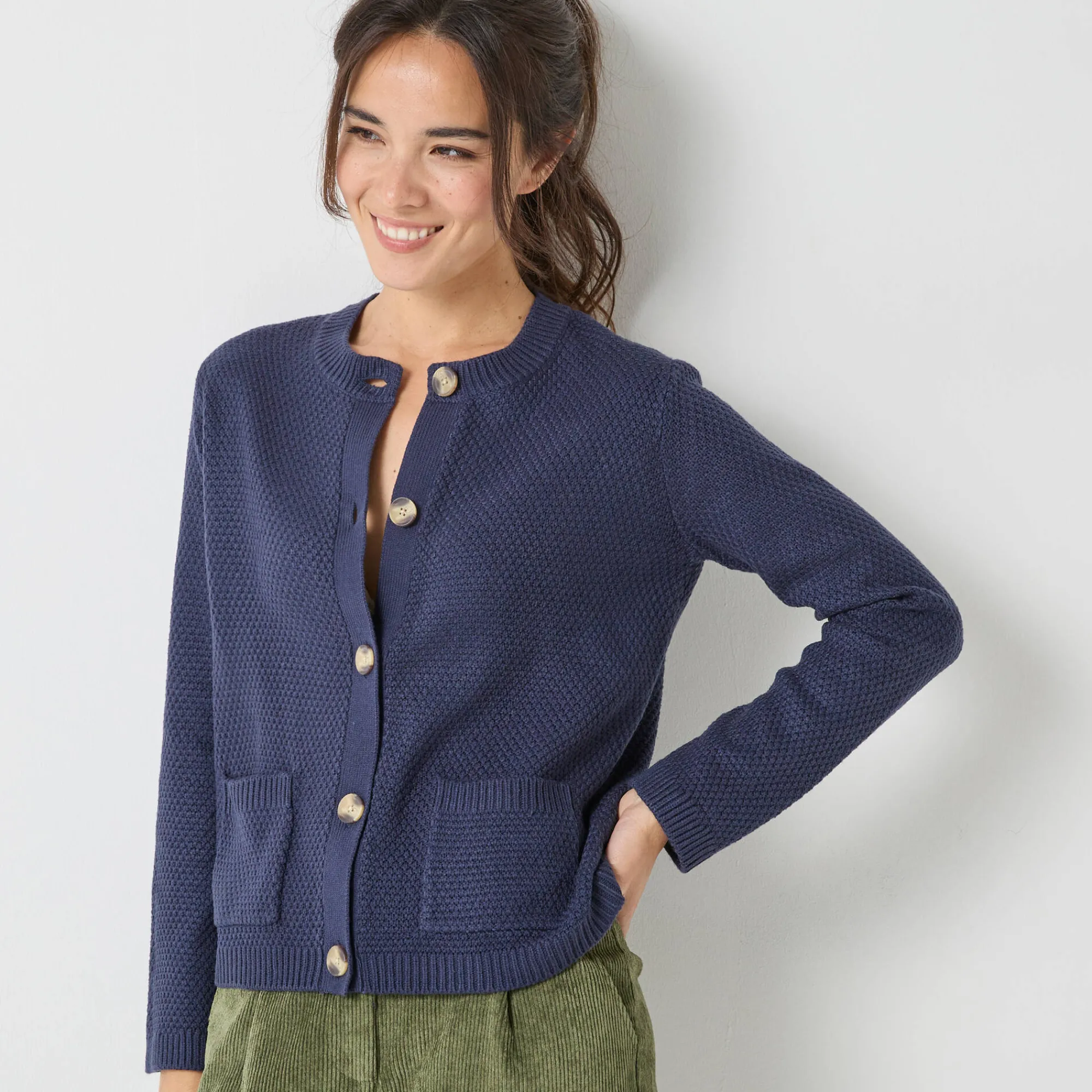 Trui En Vest<Blancheporte Vest met knopen en lange mouwen, fantasietricot marine