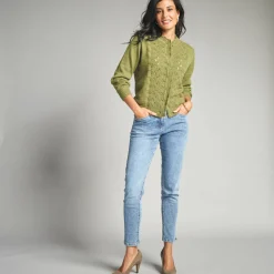 Trui En Vest<Lora Zellini Vest met knopen en opstaande kraag in fantasietricot mosgroen