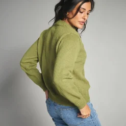 Trui En Vest<Lora Zellini Vest met knopen en opstaande kraag in fantasietricot mosgroen