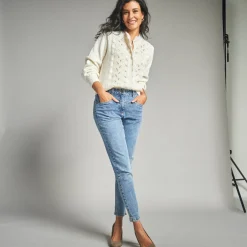 Trui En Vest<Lora Zellini Vest met knopen en opstaande kraag in fantasietricot ivoorkleur