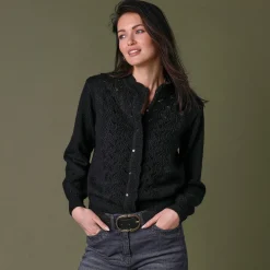 Trui En Vest<Lora Zellini Vest met knopen en opstaande kraag in fantasietricot zwart