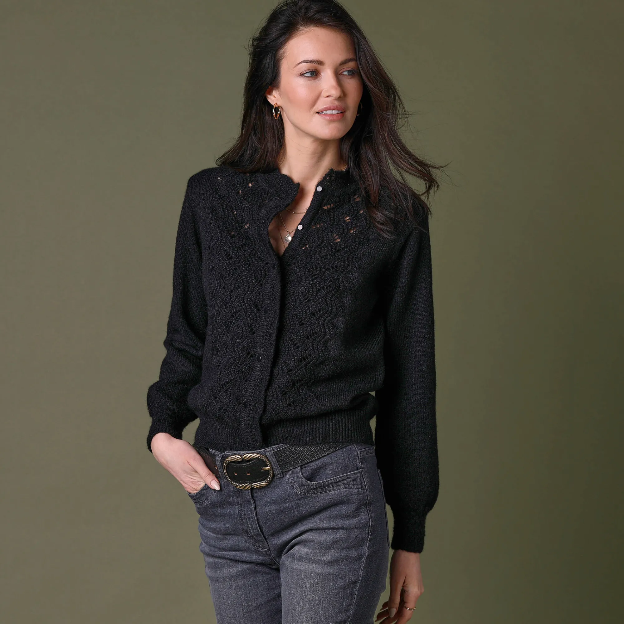 Trui En Vest<Lora Zellini Vest met knopen en opstaande kraag in fantasietricot zwart