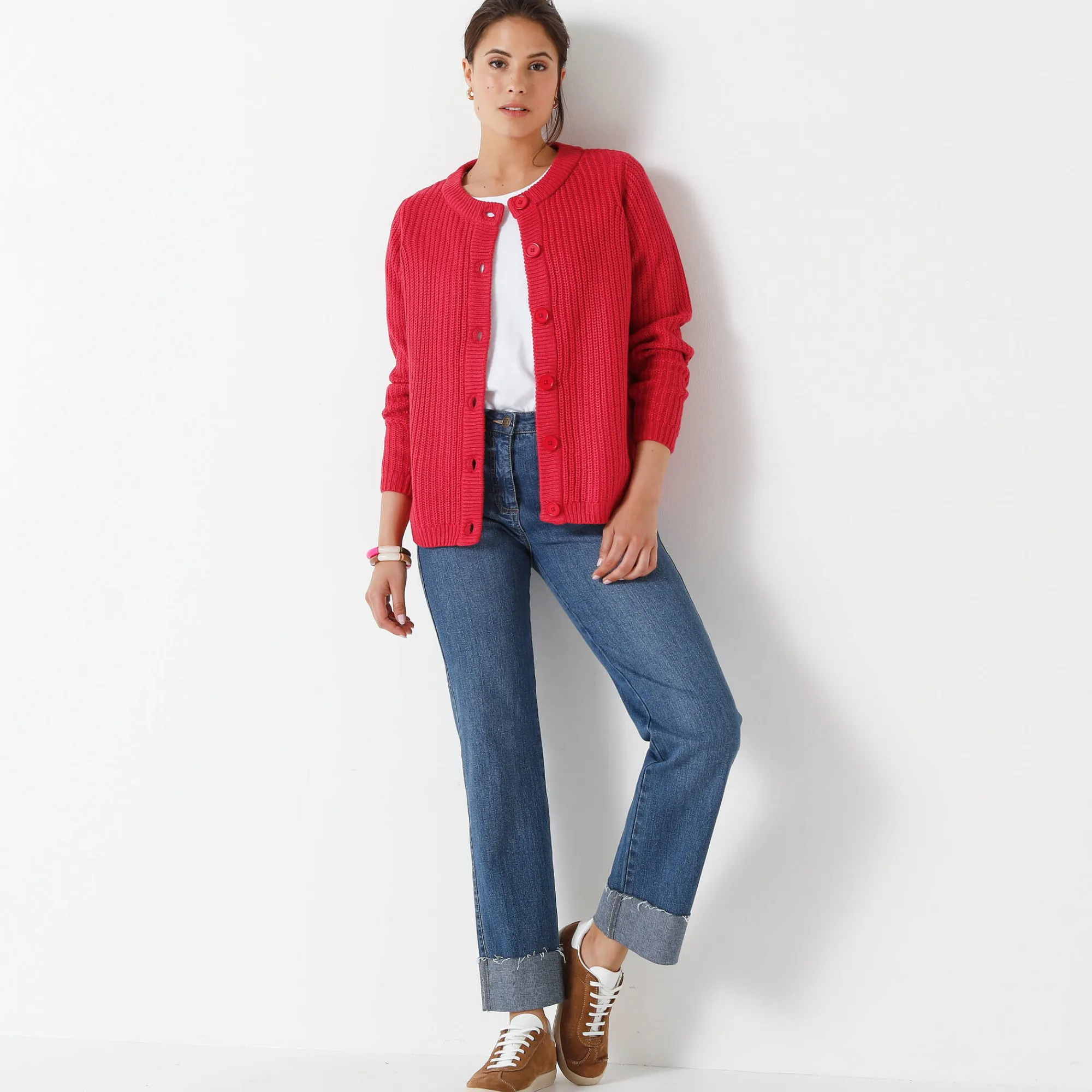 Trui En Vest<Blancheporte Vest met knopen in patenttricot framboos