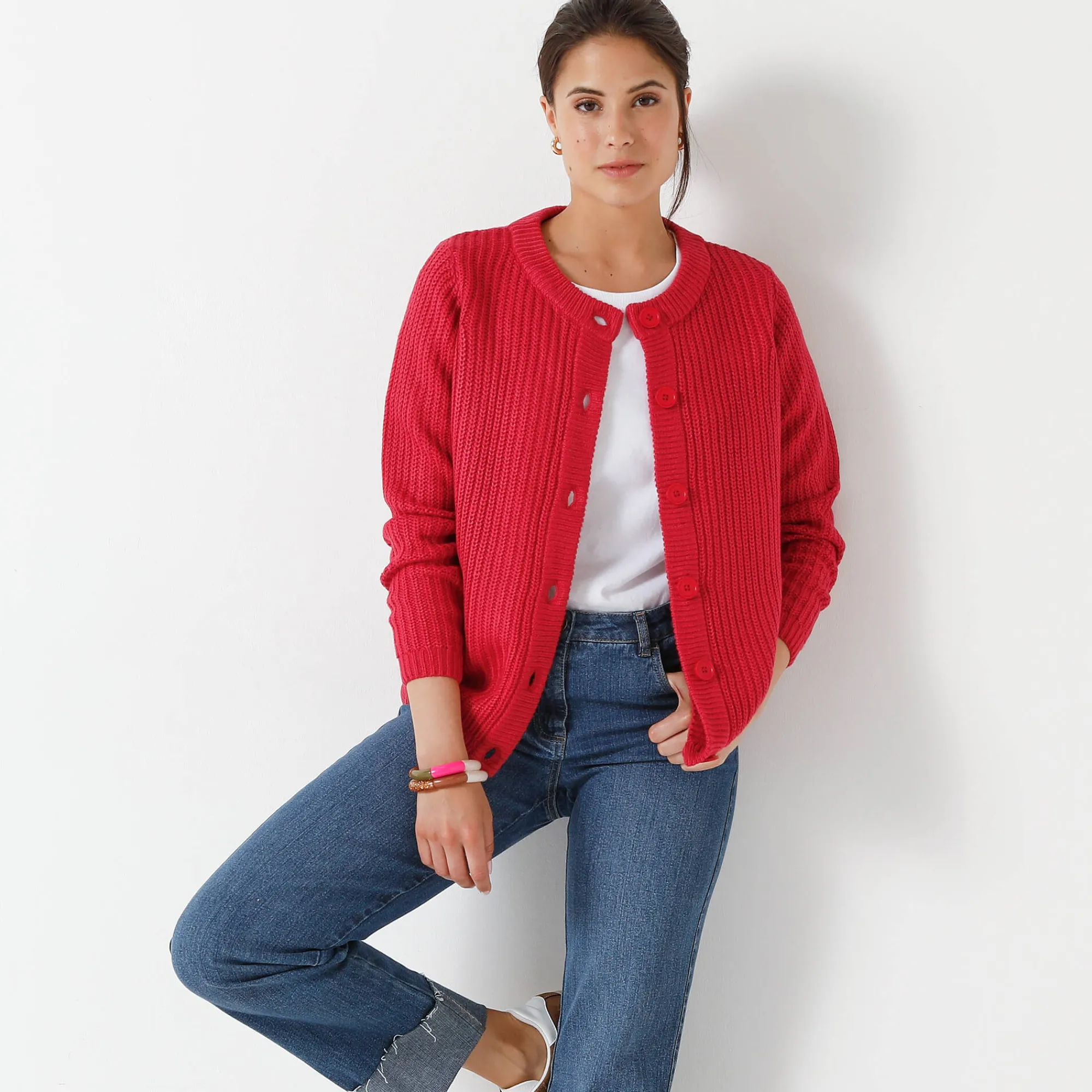 Trui En Vest<Blancheporte Vest met knopen in patenttricot framboos