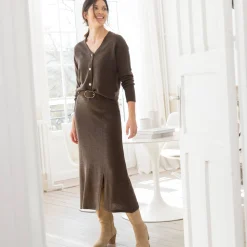 Trui En Vest<Blancheporte Vest met officiersknopen, loose volume chocolade