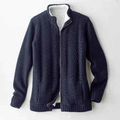 Trui En Vest<Blancheporte Vest met rits en kabelmotieven, gevoerd met pluchetricot marine