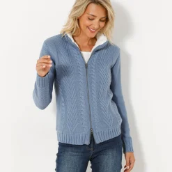 Trui En Vest<Blancheporte Vest met rits en kabelmotieven, gevoerd met pluchetricot grijsblauw