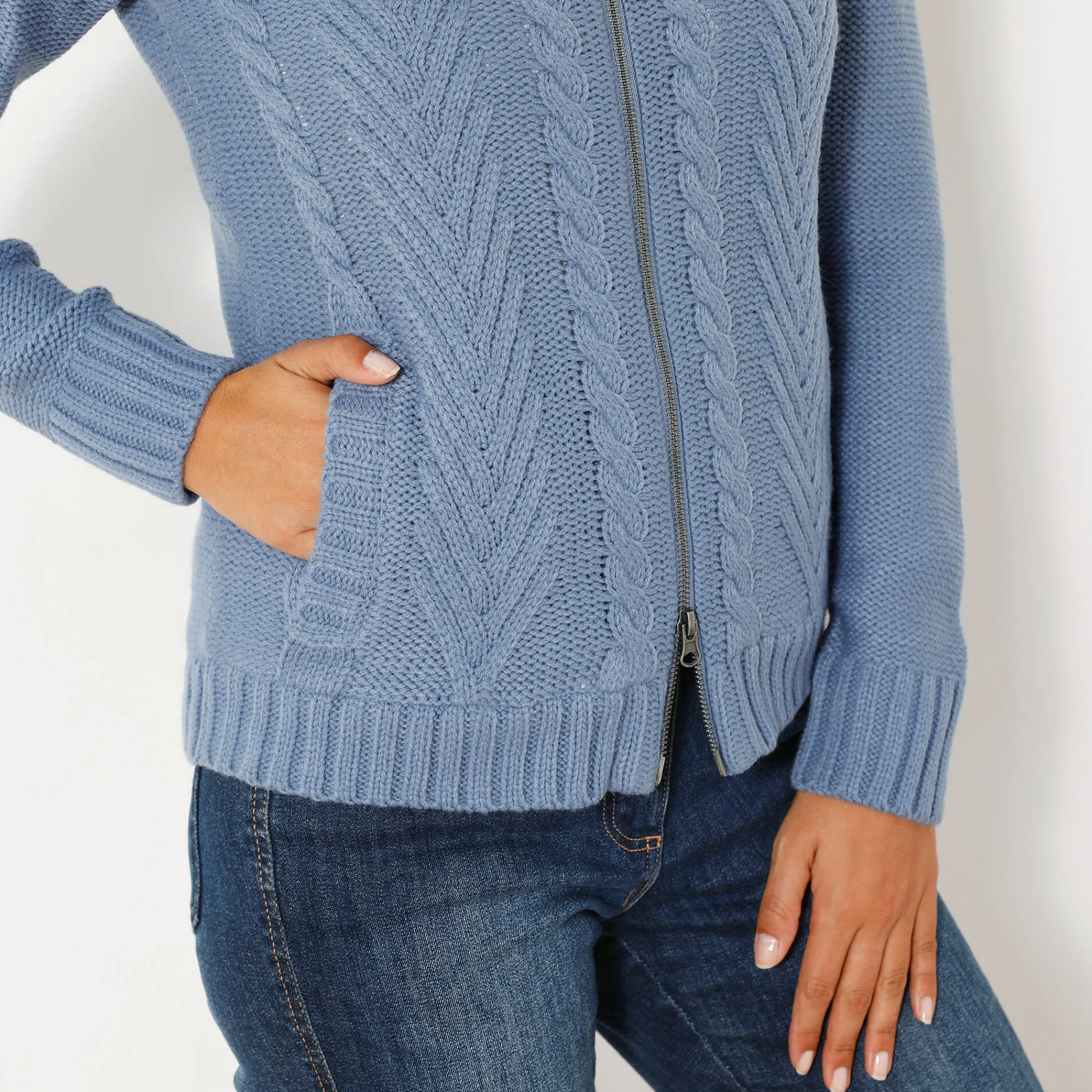 Trui En Vest<Blancheporte Vest met rits en kabelmotieven, gevoerd met pluchetricot grijsblauw
