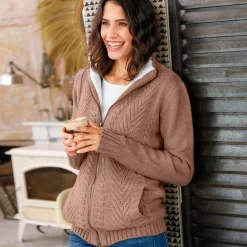 Trui En Vest<Blancheporte Vest met rits en kabelmotieven, gevoerd met pluchetricot taupe