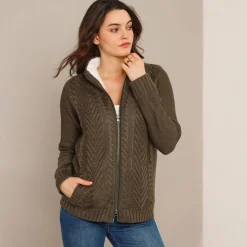 Trui En Vest<Blancheporte Vest met rits en kabelmotieven, gevoerd met pluchetricot donkerkaki
