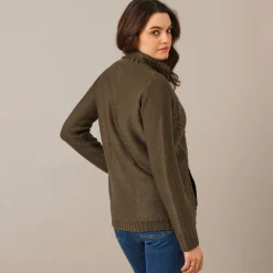 Trui En Vest<Blancheporte Vest met rits en kabelmotieven, gevoerd met pluchetricot donkerkaki