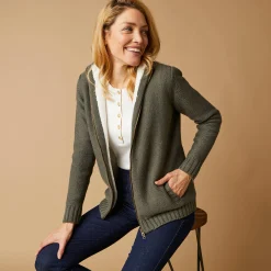 Trui En Vest<Outdoor Collection Vest met rits en pluchevoering, 30% wol kaki