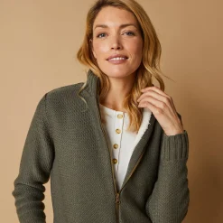 Trui En Vest<Outdoor Collection Vest met rits en pluchevoering, 30% wol kaki