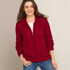 Trui En Vest<Blancheporte Vest met rits en polokraag, kabeltricot donkerrood