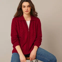 Trui En Vest<Blancheporte Vest met rits en polokraag, kabeltricot donkerrood