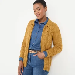 Trui En Vest<Blancheporte Vest met rits en polokraag, kabeltricot kerrie