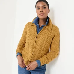 Trui En Vest<Blancheporte Vest met rits en polokraag, kabeltricot kerrie