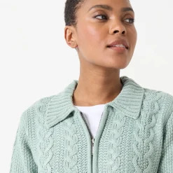 Trui En Vest<Blancheporte Vest met rits en polokraag, kabeltricot grijsgroen
